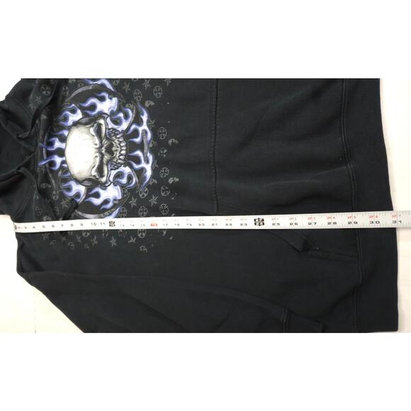 Vintage Y2K Skull Flame Cross Hoodie 2XL Black Goth Emo Grunge Pullover Sweater - Picture 3 of 8